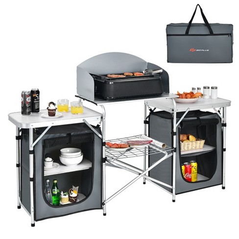 Costway Folding Portable Aluminum Camping Grill Table w/ Storage Organizer  Windscreen Grey