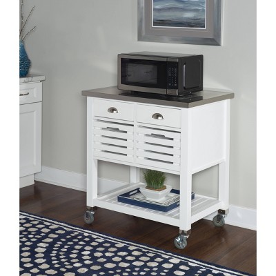 Farmhouse Charm White Stainless Steel Kitchen Cart with Butcher Block