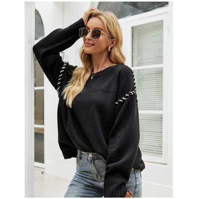 Womens Sweater Relaxed Fit Long Sleeve Casual Knit Pullover Sweater with Shoulder Stripe
