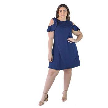 24seven Comfort Apparel Plus Size Ruffle Cold Shoulder A Line Knee Length Dress
