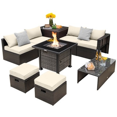 Tangkula 9 Pieces Furniture Set w/ 50,000 BTU Propane Fire Pit Table Patio Off White