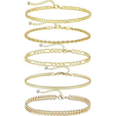 Gold Bracelets - Real 14K Women's Cute Tennis Cubic Beaded Link Paperclip Dainty Bracelet Pack