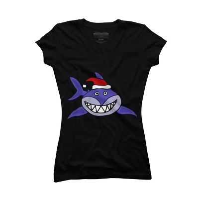 Junior's Design By Humans Funny Christmas Shark in Santa Hat By SmileToday T-Shirt