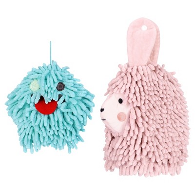 REGALWOVEN 2 Packs Cute Cartoon Alpaca Fuzzy Ball Hand Drying Hanging Ball Towels for Bathroom 7" x 7"/7" x 11"