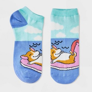 Women's Vacation Corgi Low Cut Socks - Blue/Pink 4-10: Recycled Polyester, Lightweight, Banded Cuff, Animal Icon Pattern - 1 of 3