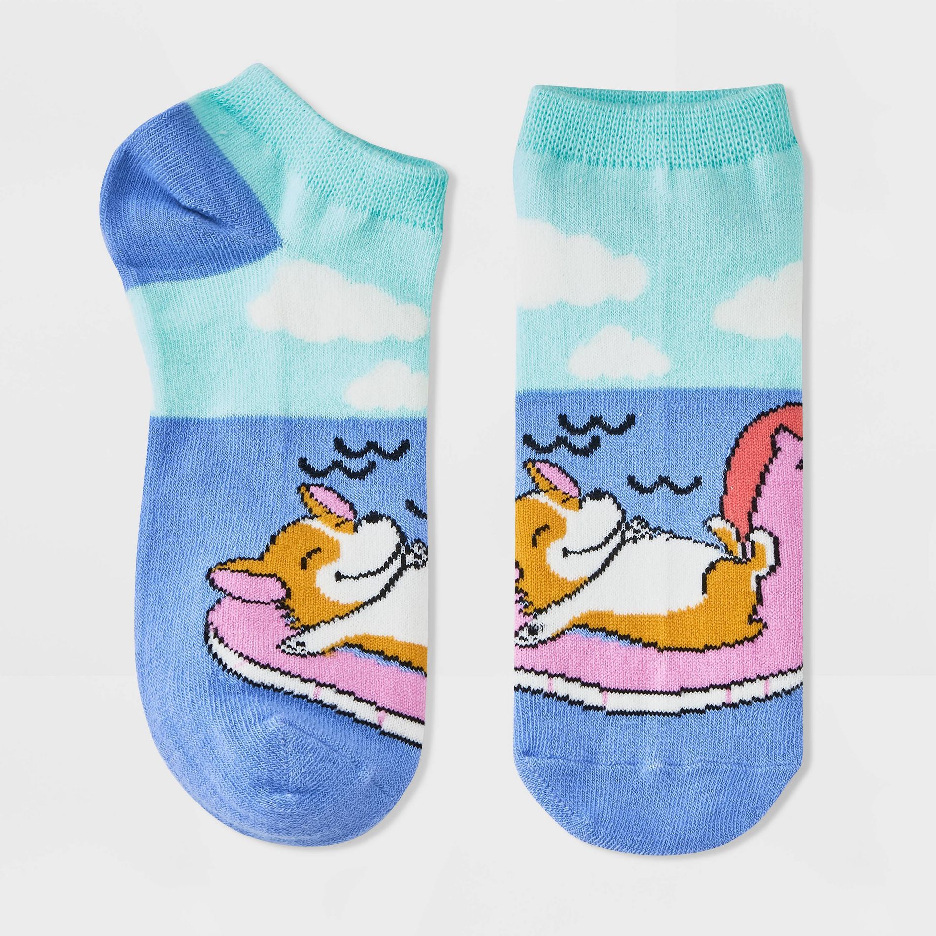 Women's Vacation Corgi Low Cut Socks - Blue/Pink 4-10: Recycled Polyester, Lightweight, Banded Cuff, Animal Icon Pattern