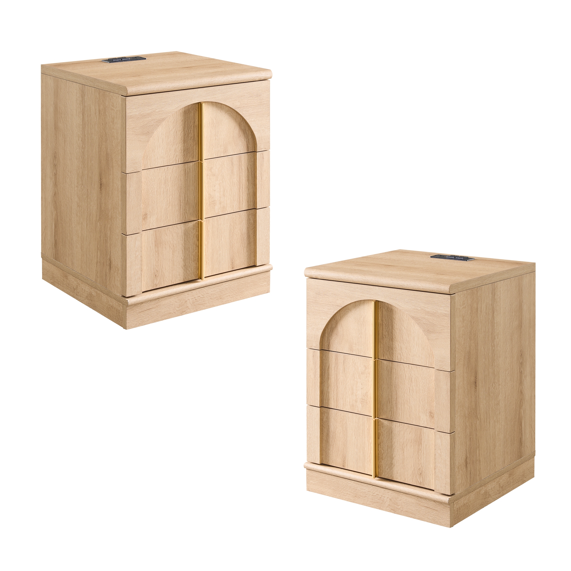 23.6" Tall Modern Nightstand Set of 2, Wood Bedside Table w/Charging Station, 3 Storage Drawers Side Table w/Arched Panel Design for Bedroom, Natural