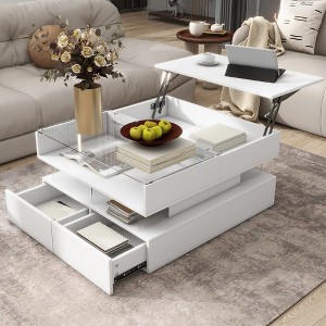 Lift-Top Coffee Table with LED, 2 Drawers & Glass Top, Square Cocktail Table High-Gloss Sofa Side Table Storage Center Table, White/Black - ModernLuxe - 1 of 4