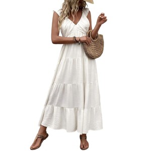 beige frill sleeve women summer maxi dress Ygbgbb Women's V-Neck Crochet Trim Linen-Blend Maxi Dress with Flounce Sleeves, Knit Lace Detail Dress, Ruffle Sleeve Boho Summer Dress Beige Xxxl,