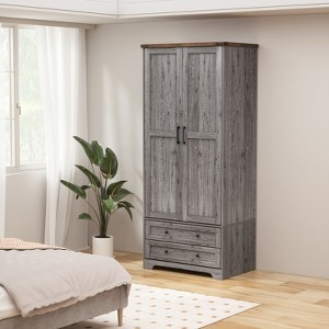 Brafabhome Modern Wood Armoire Wardrobe Closet with 2 Doors, Freestanding Wardrobe Clothes Cabinet with Drawers and Hanging Rod for Bedroom | White - 1 of 4