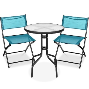 Best Choice Products 3-Piece Patio Bistro Dining Furniture Set w/ Round Textured Glass Tabletop, Folding Chairs - 1 of 4