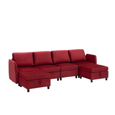 Living room modular sofa with storage and footstool, modern style, upholstered armrests, for apartments and offices, comfortable velvet, red
