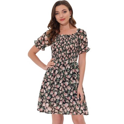 Allegra K Women's Square Neck Summer Short Sleeve Floral Smocked Dress