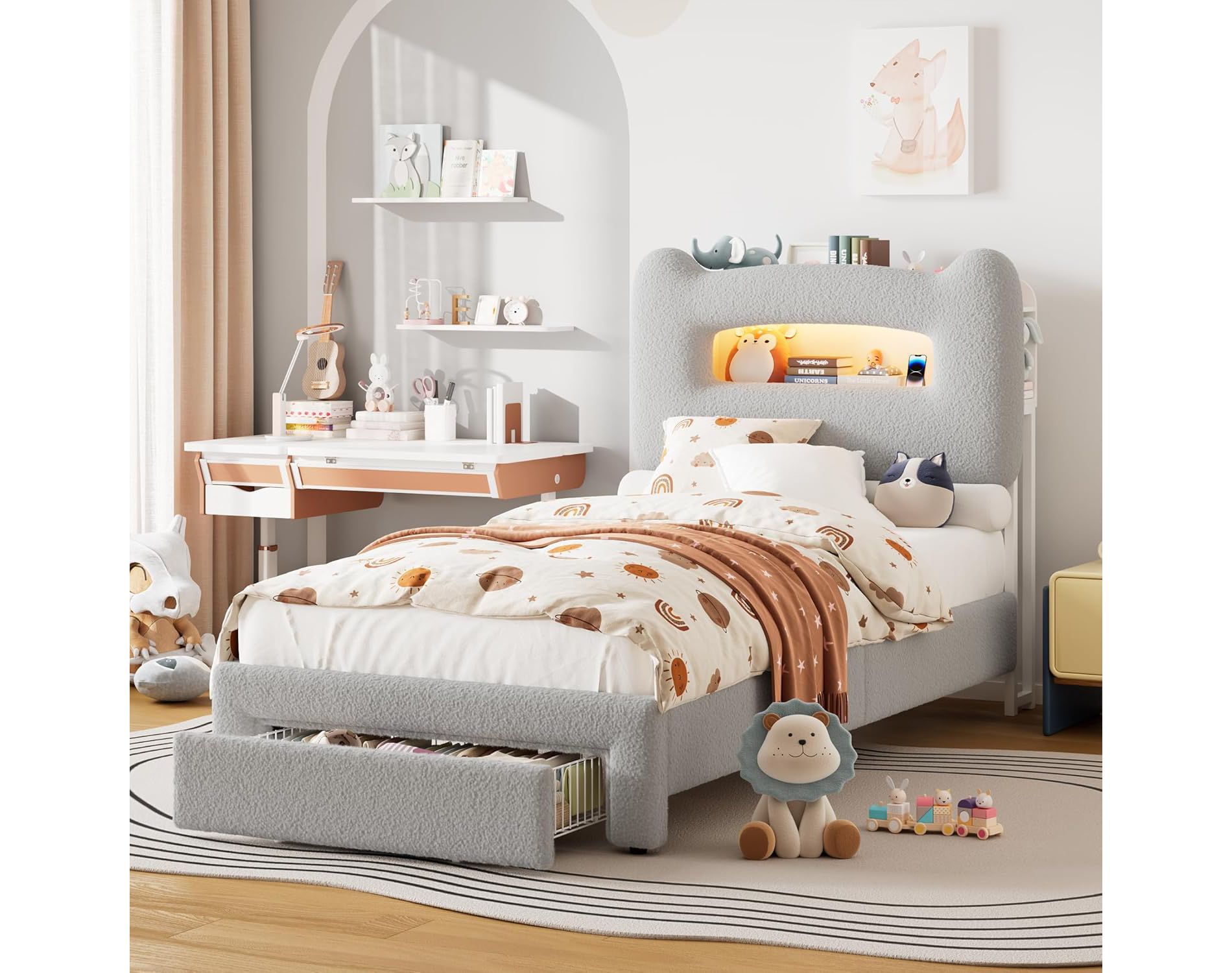 Twin Size Bed Frame - 2-Tier Storage Headboard, Upholstered Platform Bed with Charging Station & Drawer, Beige (For Kids/Boys/Girls)