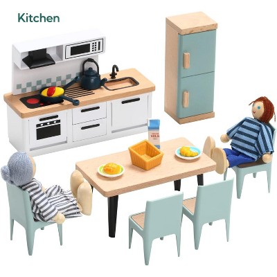 Etokfoks 36pcs Wooden Dollhouse Furniture Set with 5 Rooms and 4 Dolls Blue Pretend Play Accessories for Kids Toddlers Ages 3 and Up — фото 8