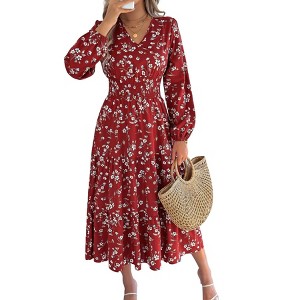 Casual V Neck Boho Floral Print Wedding Guest Maxi Dresses for Women Bohemian Flowy Maxi Dress - 1 of 4