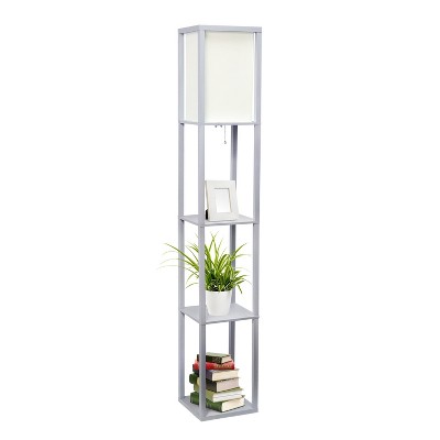 Elegant Gray Floor Lamp with Linen Shade and Display Shelves