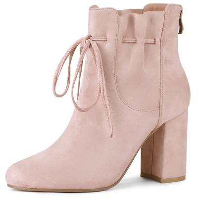 Allegra K Women s Lace Up Round Toe Drawstring Block Heel Ankle Boots Dust Pink 9 Target