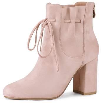 Allegra K Women's Lace Up Round Toe Drawstring Block Heel Ankle Boots