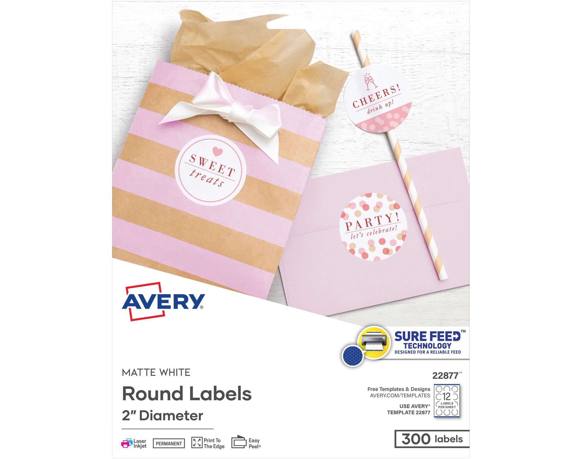 Avery Labels Round Permanent 2" Dia 300/PK Matte White 22877
