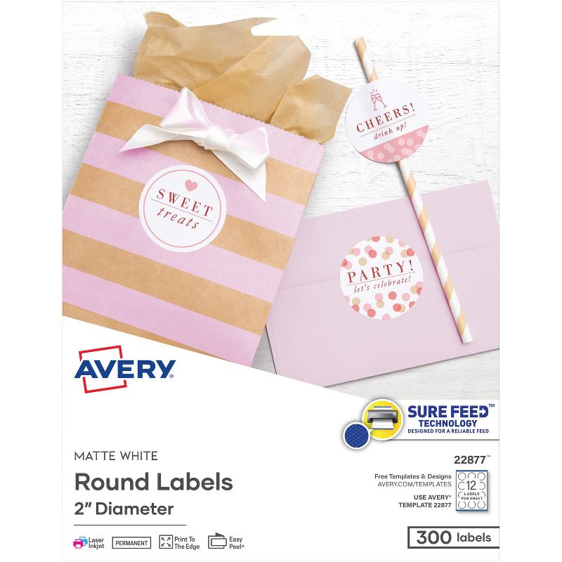 Avery Labels Round Permanent 2" Dia 300/PK Matte White 22877, 1 of 9