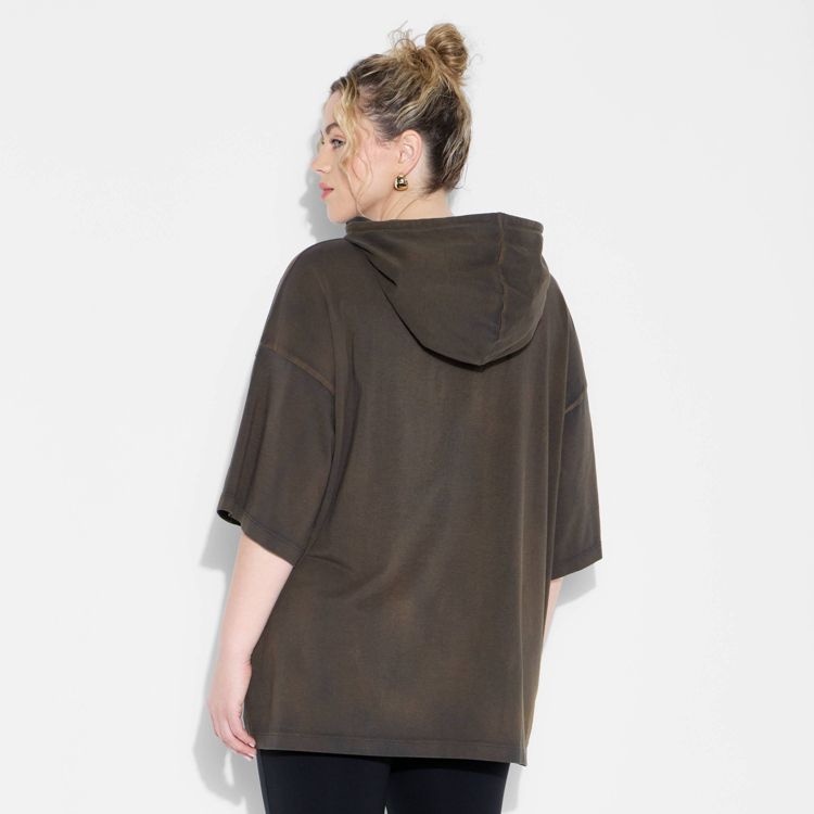 Dark brown colored oversize t-shirt with a hood and short sleeves.