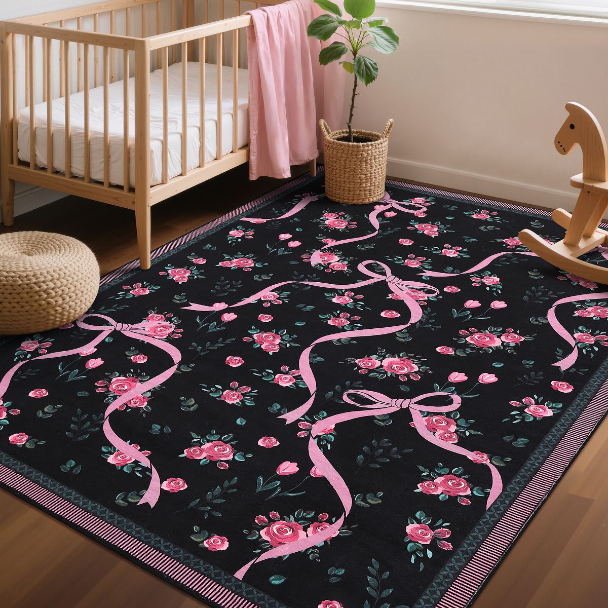 Cute Floral Bow Machine Washable Rug with Non-Slip Backing Thin Bedroom Rug Ultra-Soft & Low Carpet for Living Room Girls Room Playroom Nursery