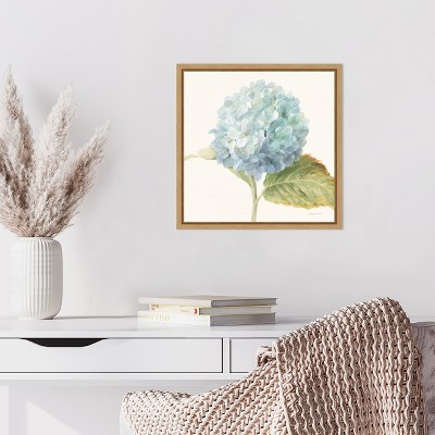 Blue Hydrangea Floral Canvas Print with Maple Frame
