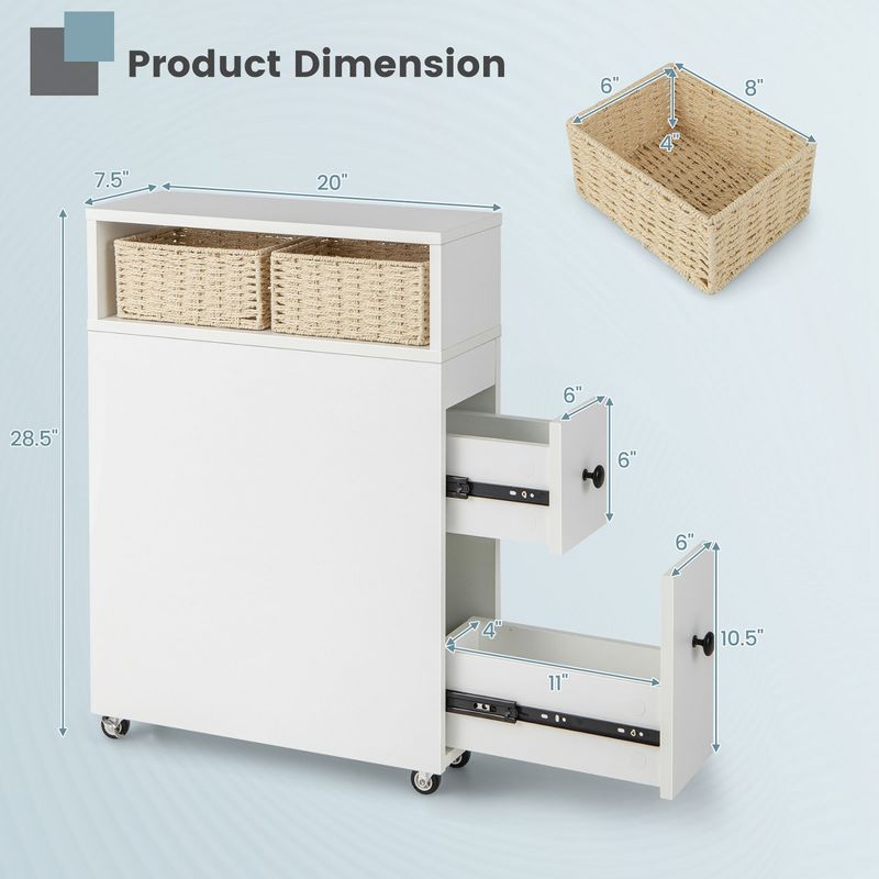 Costway Movable Bathroom Storage Cabinet Narrow Toilet Side Paper Holder w/ 2 Drawers, 3 of 11