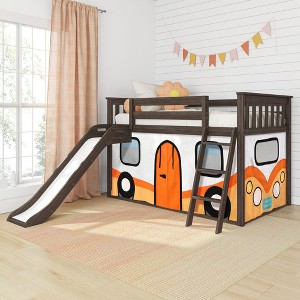 Twin Over Twin Low Bunk With Easy Slide & Orange Camper Van Curtain - 1 of 4