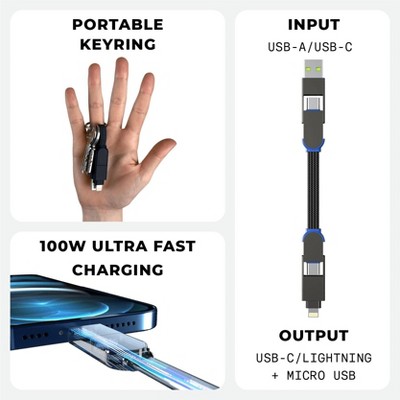 inCharge X - The 100W Swiss Army Knife of Cables, Portable Keyring Compatible with Apple iPhone/USB/USB-C/Micro USB Cable (Black)