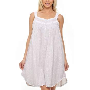 Women's Cotton Victorian Nightgown, Maria Sleeveless Lace Trimmed Button Up Short Vintage Night Dress Gown