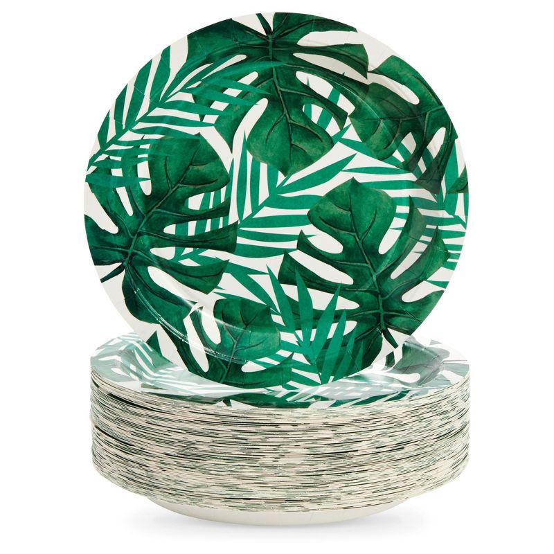 Blue Panda 80-Pack Tropical Paper Plates, Disposable 9" Green Leaf Plates Paper Design for Birthday. Bridal Shower, Hawaiian Luau Party Supplies, 9 In, 1 of 9
