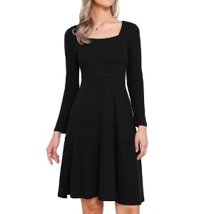 INSPIRE CHIC Women's Square Neck Casual Long Sleeve A Line Knit Pullover Dress with Pockets - 1 of 4