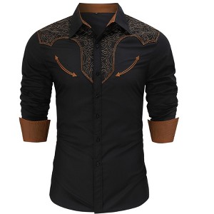 Coolmee Mens Western Embroidered Cowboy Shirts Casual Button Down Long Sleeve Shirt with Floral Design - 1 of 4
