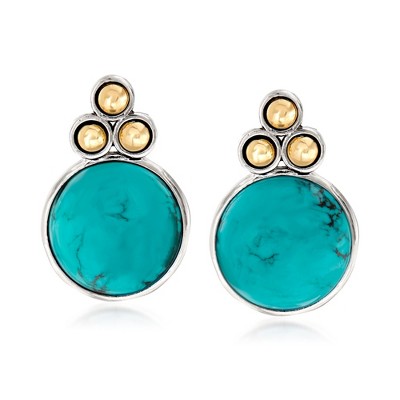 Ross-Simons Turquoise Bead Trio Earrings in Sterling Silver and 14kt Yellow Gold
