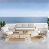 Imitation Teak 4Piece Patio Furniture Suite Modular Sofa & Accent Chair Set with Corded Weave Sides + Square Geometric Grain Table - 2 of 4
