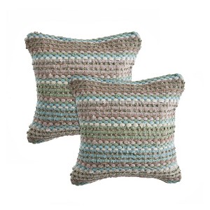 Set of Two 18" Beige Blue and  Striped Cotton Blend Throw Pillows - 1 of 4