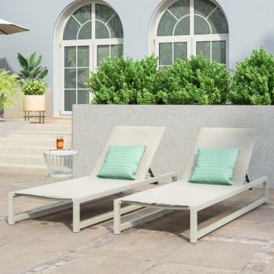 Set of 2 Mesh Chaise Lounge Chairs with Adjustable Backrest and Aluminum Frame, Outdoor Recliners for Poolside or Backyard–The Pop Home