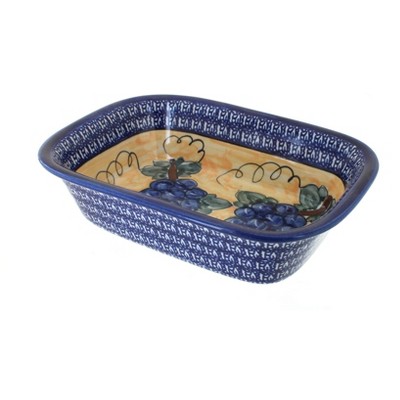 Blue Rose Polish Pottery Grapes Loaf Baker with Cobalt Trim