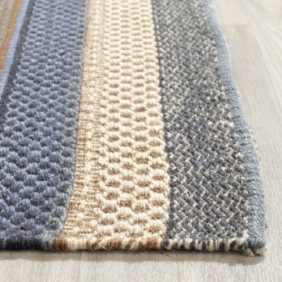 Blue and Beige Striped Wool Flat Woven Area Rug