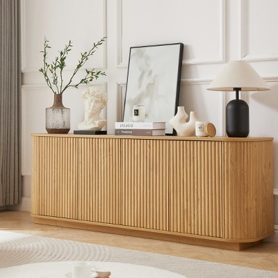 INFURNIC Decorative Storage Cabinets Wave Pattern Sideboard Buffet Cabinet with Vertical Stripes and Press-Spring Doors, Brown, 64"*15"*24"