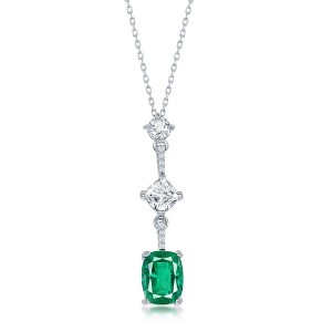 Bella Silver Sterling Silver, White & Cushion-Cut CZ Necklace - Emerald - Green - 16+2 Inch - 1 of 2