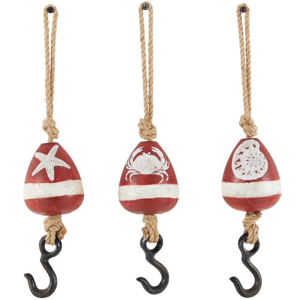 Photos - Wallpaper Set of 3 Wood Buoy Wall Decors with Jute Rope and Metal Hook Red - Olivia