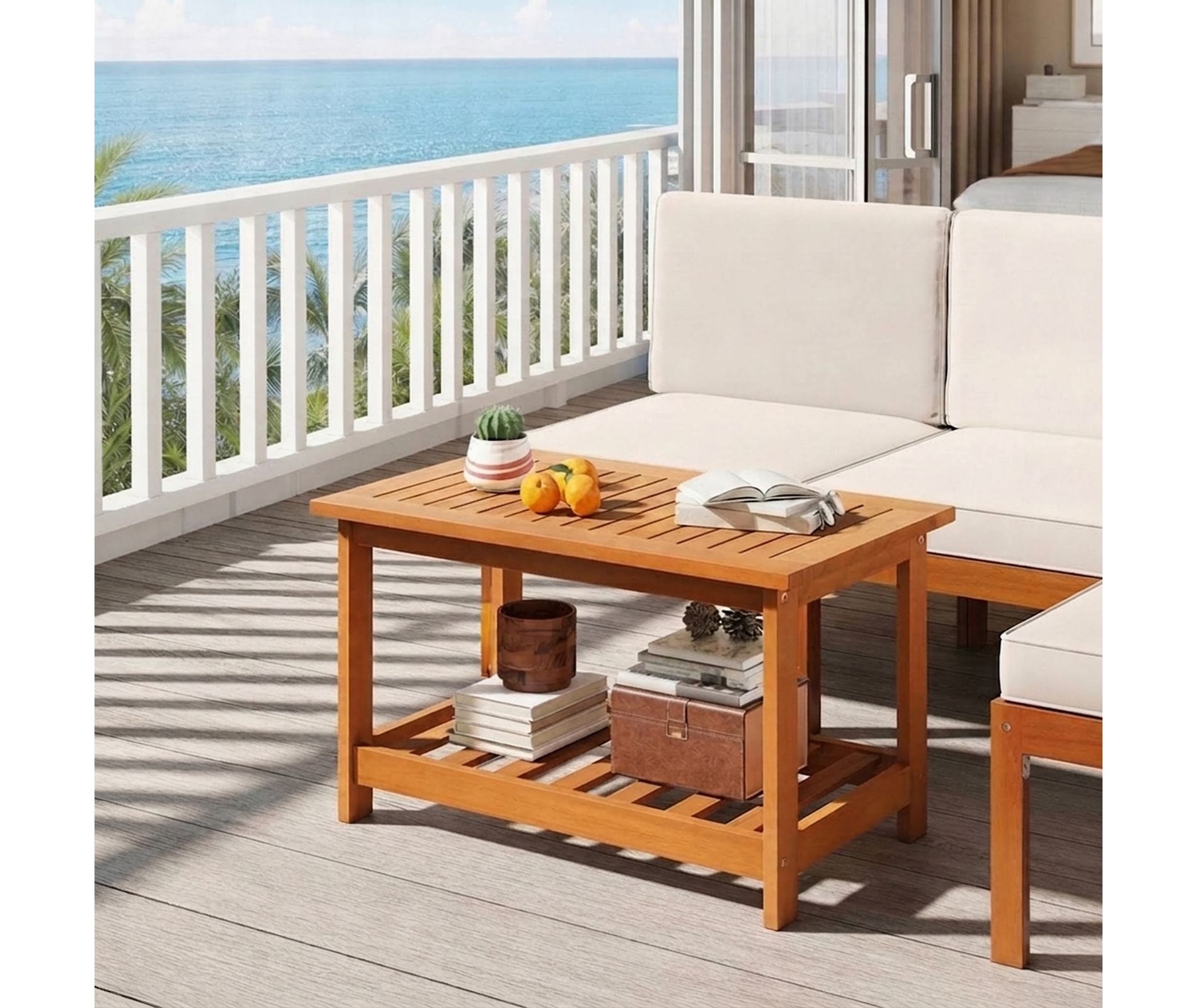 2-Tier Rectangular Acacia Wood Outdoor Patio Coffee Table with Storage Shelf