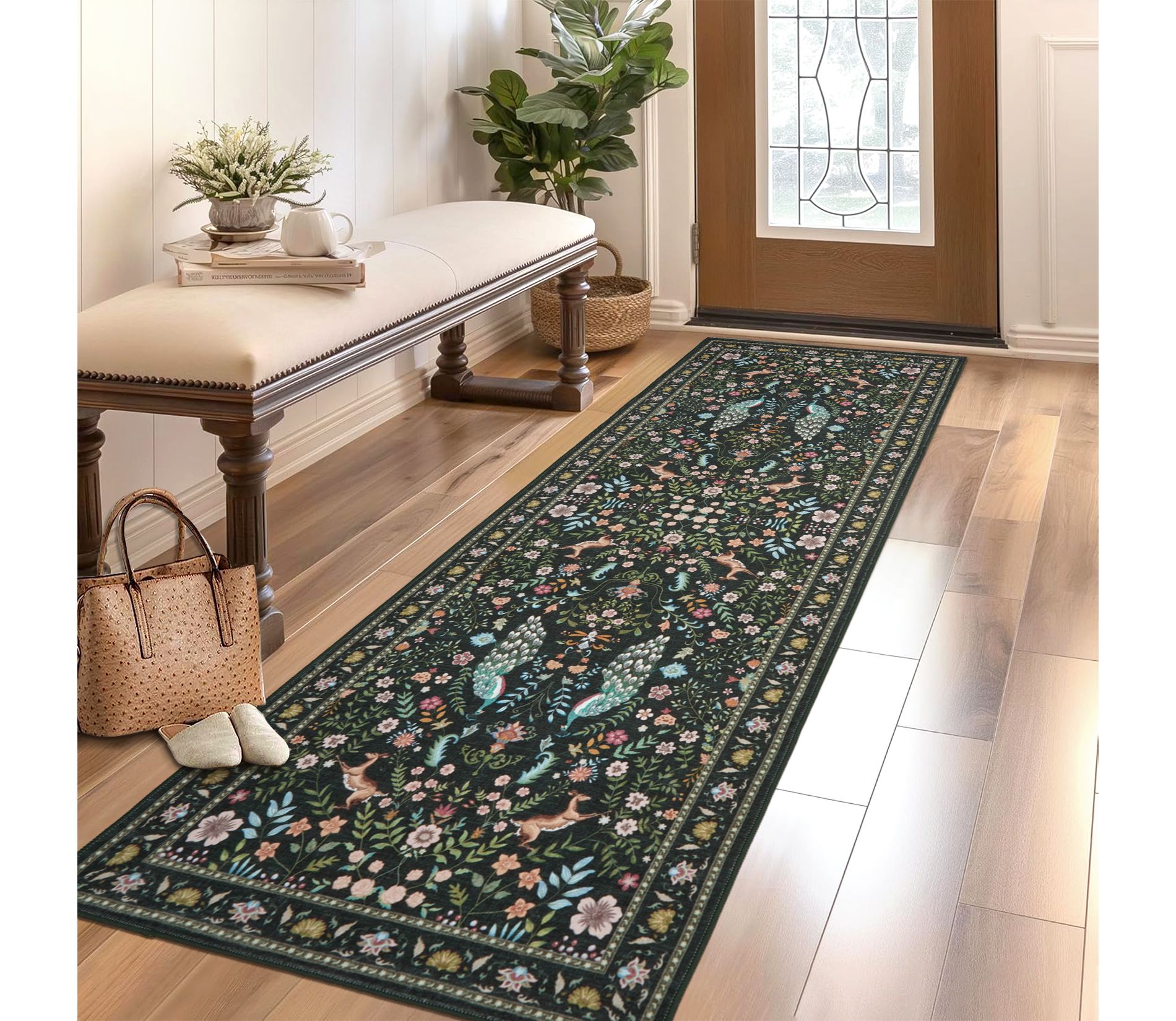 2'x6' Peacock Farmhouse Washable Non Slip Runner Rug for Entryway Kitchen Hallway, Soft Non-Shedding Stain Resistant Indoor Carpet