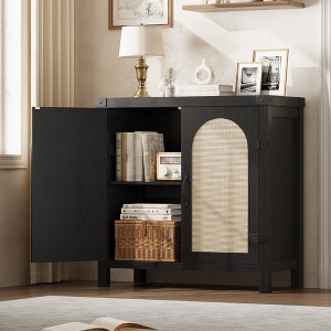 31.5 in Small Rattan Buffet Cabinet with Storage, Kitchen Coffee Bar Cabinet with Doors, Boho Farmhouse Sideboard - 1 of 4