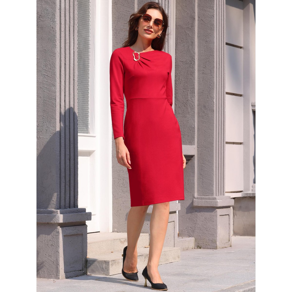 Женские платья INSPIRE CHIC Women's Work Long Sleeve Asymmetrical Neck Business Cocktail Bodycon Midi Dresses Large Red — фото 3