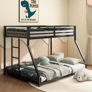 Bunk Bed Metal Black for Kids and Adult, Low Profile Twin over Full Bunk Bed with Ladder and Guardrails - 1 of 4