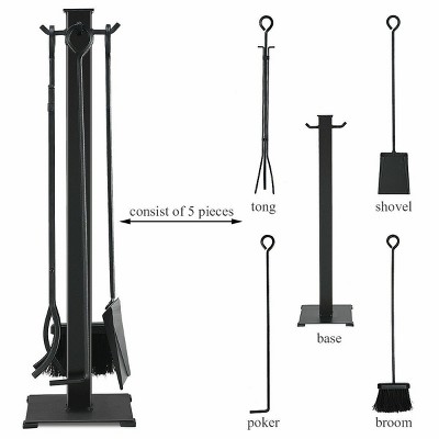 Black Wrought Iron 5-Piece Fireplace Tool Set with Stand